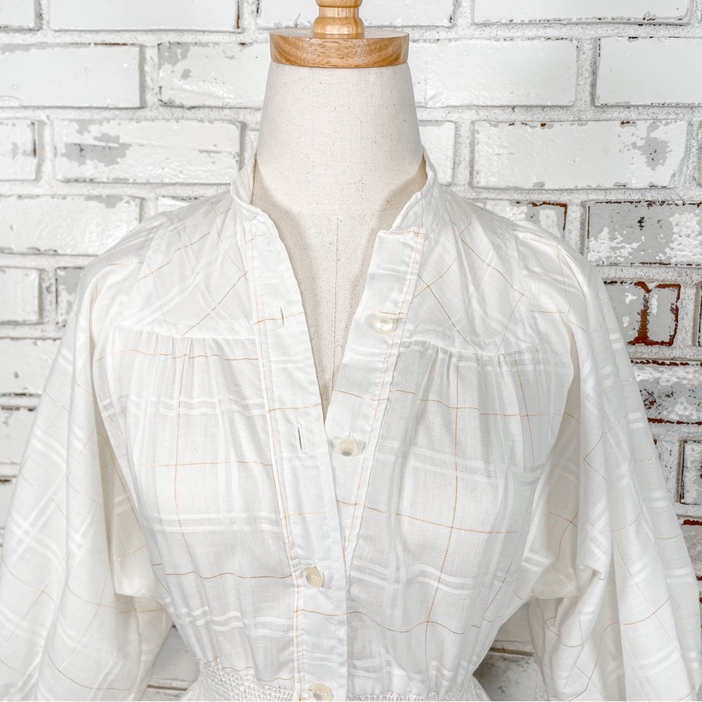 Vintage 60s 70s PepperHill White and Gold Plaid Puff Sleeve Tie Waist Button Top - Picture 2 of 9